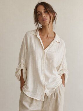 American Eagle Linen Blend Oversized Button Down Shirt Ivory Roll-tab Sleeves